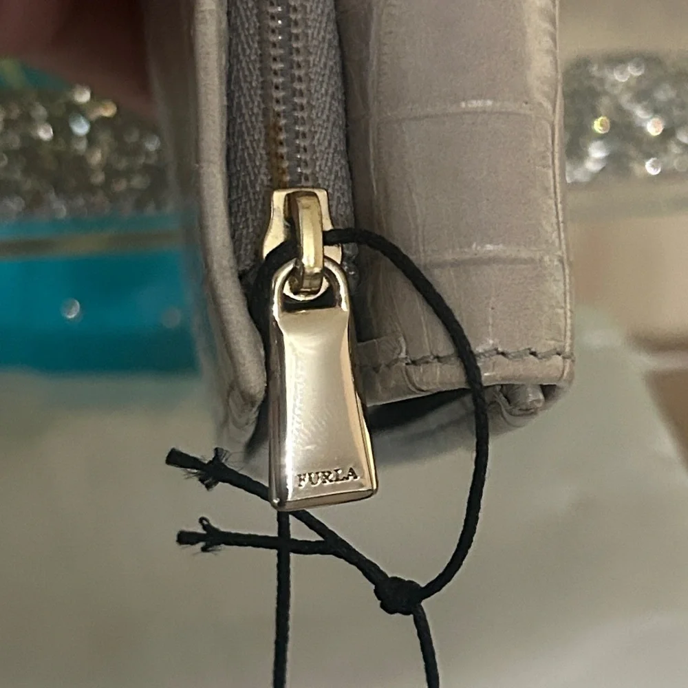 FURLA Light Gray Croc-Embossed Wallet With Dust Bag NWT
